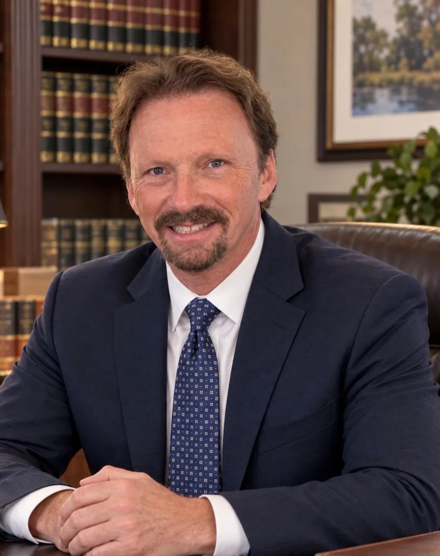 Attorney Thomas M. McGovern seated at his desk in a navy suit, hands clasped, with shelves of bound law books behind him.